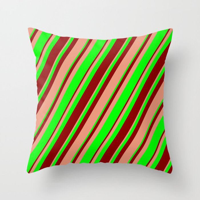 Dark Salmon, Lime, and Dark Red Colored Lines Pattern Throw Pillow