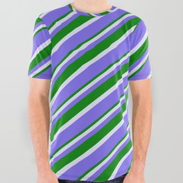 [ Thumbnail: Lavender, Medium Slate Blue & Green Colored Lines Pattern All Over Graphic Tee ]