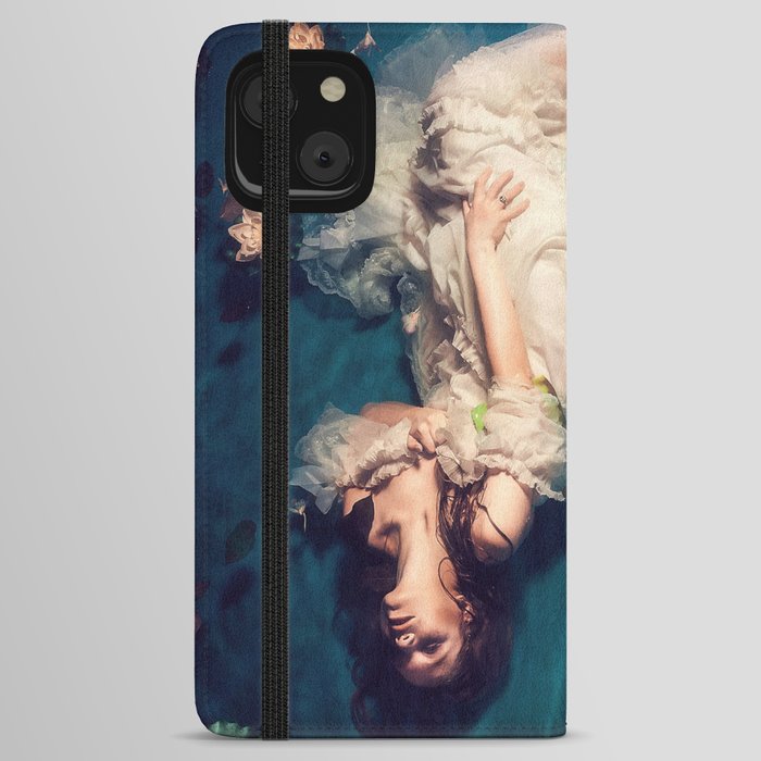 Dreamland and flowers in lily pond; female in white gown floating magical realism fantasy female portrait color photograph / photography iPhone Wallet Case