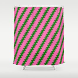 [ Thumbnail: Hot Pink and Green Colored Lined/Striped Pattern Shower Curtain ]