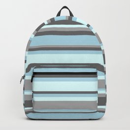 [ Thumbnail: Dark Gray, Dim Gray, Light Blue & Light Cyan Colored Stripes Pattern Backpack ]