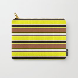 [ Thumbnail: Yellow, White, Sienna & Black Colored Stripes/Lines Pattern Carry-All Pouch ]