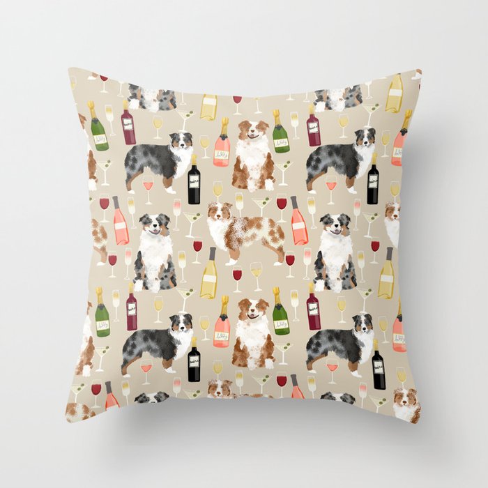 Australian Shepherd blue and red merle wine cocktails yappy hour pattern dog breed Throw Pillow