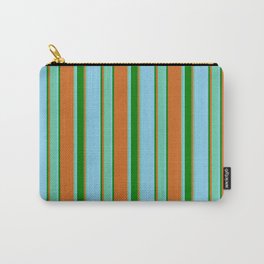 [ Thumbnail: Chocolate, Aquamarine, Sky Blue & Green Colored Stripes Pattern Carry-All Pouch ]