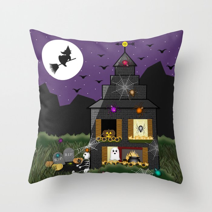 Spooky Cartoon Haunted Halloween House // Ghost, Skeleton, Witch, Bats, Cauldron, Spiders, Cobwebs  Throw Pillow