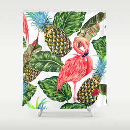 Pink flamingos, exotic birds, pineapples, tropical leaves, jungle leaf seamless vintage floral summer tropicana pattern background Shower Curtain