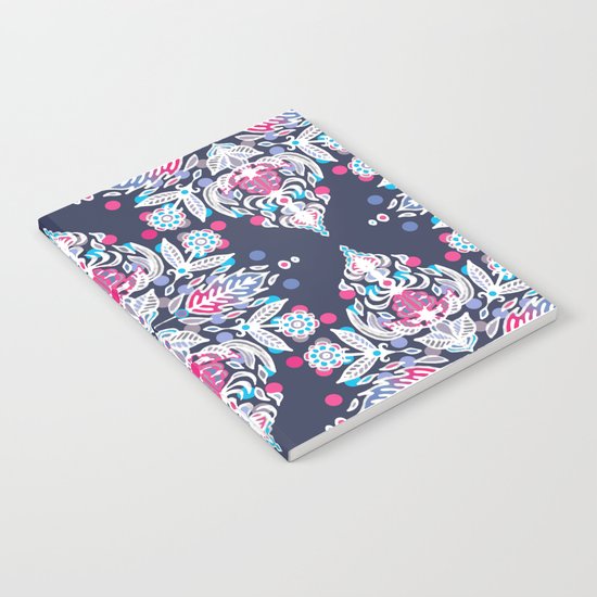 Pastel Folk Art Pattern in soft navy, pink, mauve & white Notebook