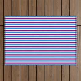 [ Thumbnail: Blue, Mint Cream, Dark Magenta, and Light Gray Colored Stripes Pattern Outdoor Rug ]