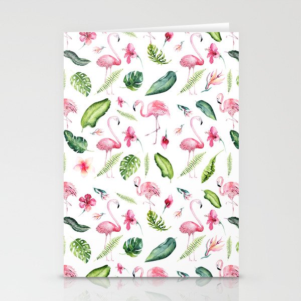 Pink green watercolor tropical hand painted flamingo Stationery Cards