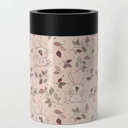 Adorable rabbits with autumn leaves and berries in pink colors Can Cooler