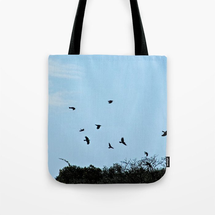 Ravens Flying Birds Over Trees Tote Bag
