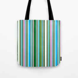 [ Thumbnail: Green, Plum, Dark Green, White & Deep Sky Blue Colored Stripes Pattern Tote Bag ]