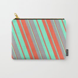 [ Thumbnail: Red, Aquamarine, and Dark Grey Colored Lined/Striped Pattern Carry-All Pouch ]