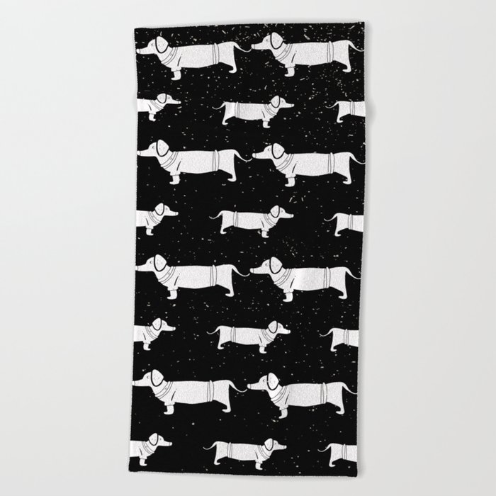 Funny Dachshund Pattern - White on Black - Mix & Match with Simplicity of life Beach Towel