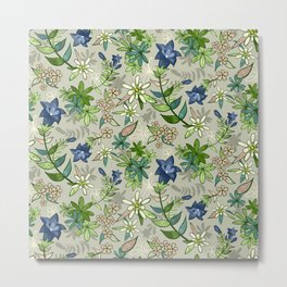 Alpine Flowers - Gentian, Edelweiss Metal Print | Summer, Modern, Flowers, Gentian, Mountains, Rose, Pink, Alps, Drawing, Flora 