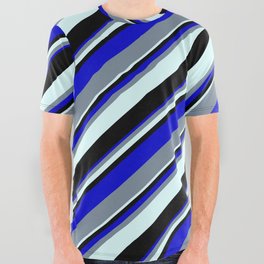 [ Thumbnail: Blue, Light Slate Gray, Light Cyan, and Black Colored Lined/Striped Pattern All Over Graphic Tee ]