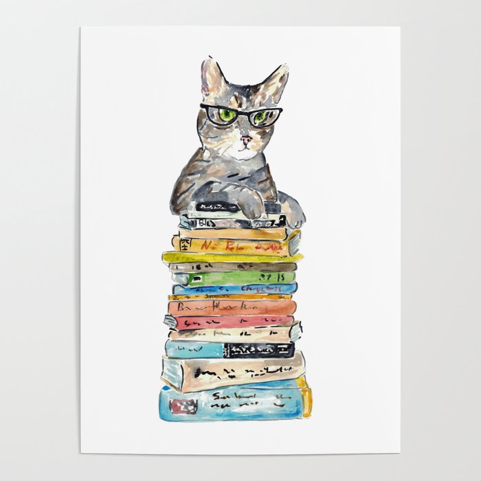 Gig tabby cat reading book library Painting Wall Poster Watercolor Poster