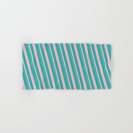 [ Thumbnail: Light Sea Green and Light Pink Colored Striped/Lined Pattern Hand & Bath Towel ]