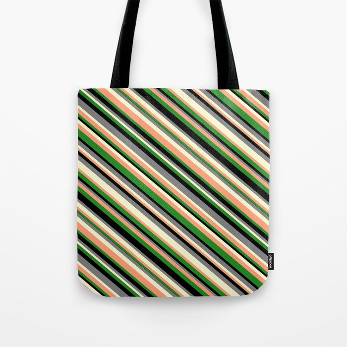 Eye-catching Gray, Light Yellow, Light Salmon, Forest Green & Black Colored Striped Pattern Tote Bag