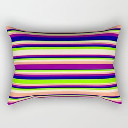 [ Thumbnail: Vibrant Chartreuse, Beige, Light Salmon, Purple & Dark Blue Colored Lines/Stripes Pattern Rectangular Pillow ]