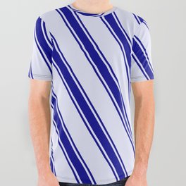 [ Thumbnail: Lavender & Dark Blue Colored Striped Pattern All Over Graphic Tee ]