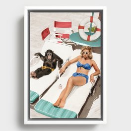 Chimpanzee and a Woman Sunbathing Framed Canvas