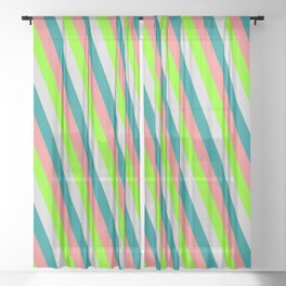 [ Thumbnail: Green, Light Gray, Dark Cyan & Light Coral Colored Lines Pattern Sheer Curtain ]