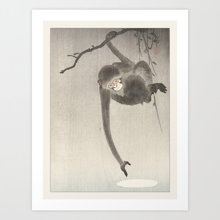 Ohara Koson Monkey and Moon Japanese Asian Animal Art Art Print