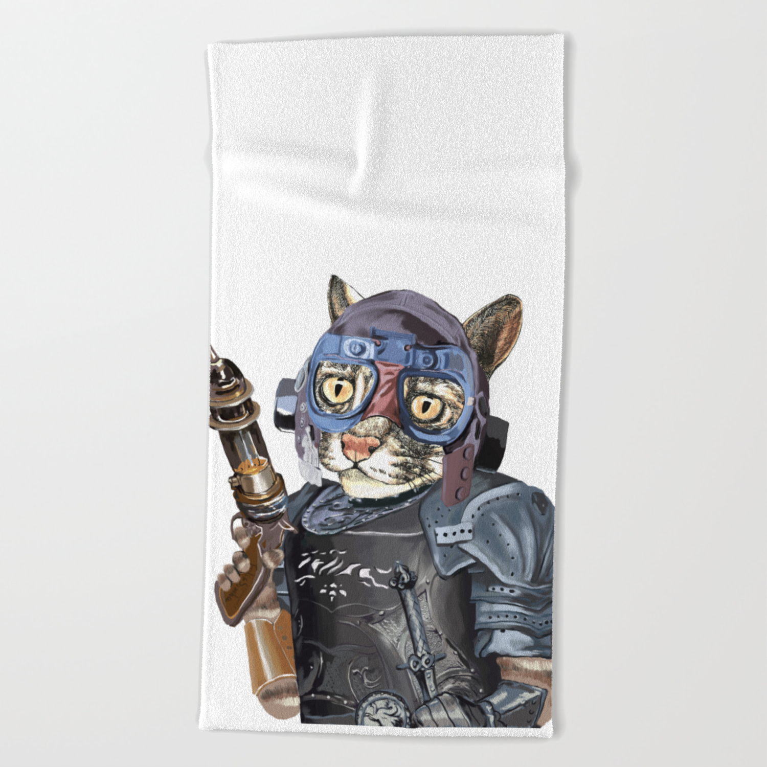 Naughty Pilot Cat With Laser Gun And Heavy Armor Beach Towel By