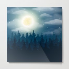 Magical Midnight Moon Misty Forest Metal Print | Pine, Magic, Woods, Garden, Mystical, Landscape, Dark, Clouds, Night, Stars 