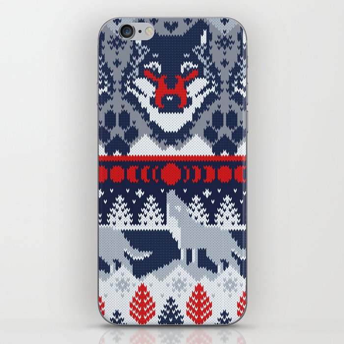 Fair isle knitting grey wolf // navy blue and grey wolves red moons and pine trees iPhone Skin