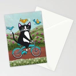 Tuxedo Cat Spring Bicycle Ride Stationery Card