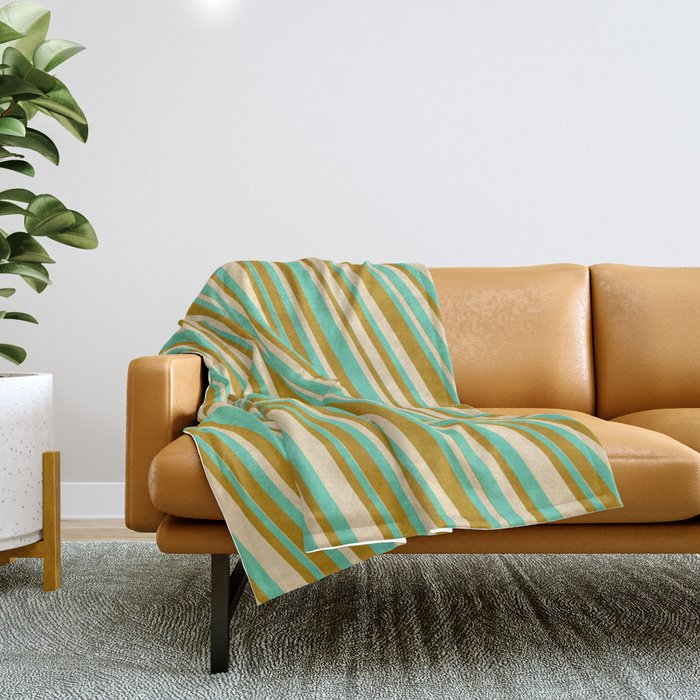 Tan, Aquamarine & Dark Goldenrod Colored Striped/Lined Pattern Throw Blanket