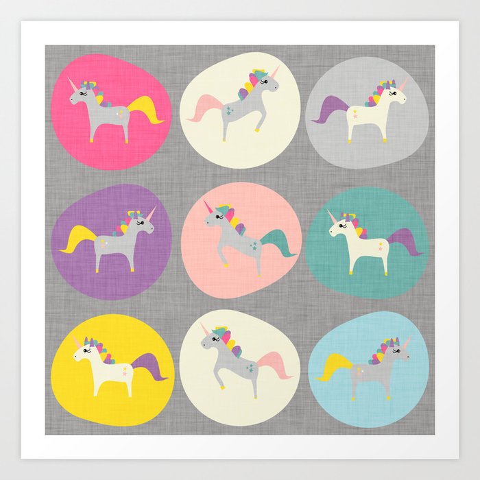 Cute Unicorn Polka Dots Grey Pastel Colors And Linen Texture