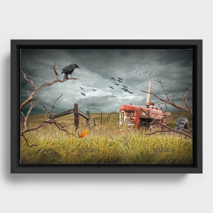 Abandoned Red Tractor in a Prairie Field with Perched Crow and Flying Geese Framed Canvas