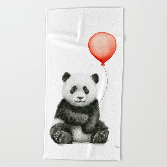 Panda and Red Balloon Baby Animals Watercolor Beach Towel