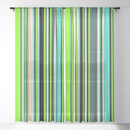 [ Thumbnail: Eyecatching Green, Dark Slate Gray, Bisque, Turquoise, and Black Colored Lined Pattern Sheer Curtain ]