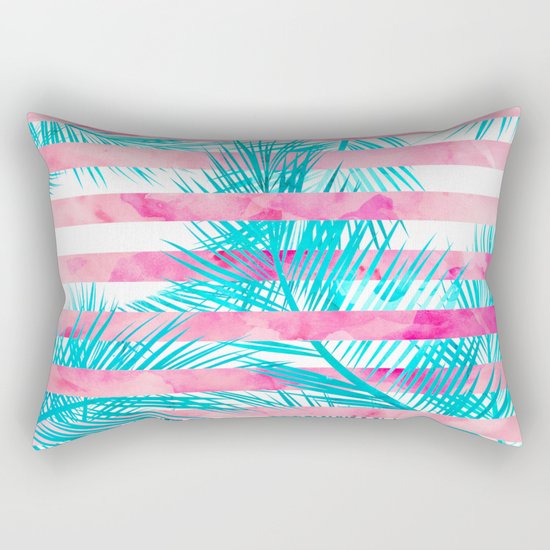 Modern pink turquoise tropical palm tree watercolor stripes pattern Rectangular Pillow