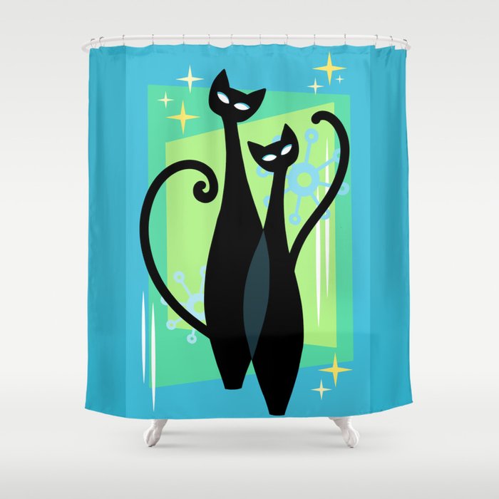 Sassy Sparkling Atomic Age Black Kitschy Cats Shower Curtain By Sunnybunny