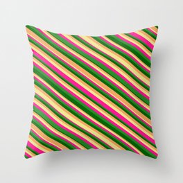 [ Thumbnail: Dark Green, Brown, Tan, Deep Pink, and Forest Green Colored Lines/Stripes Pattern Throw Pillow ]