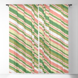 [ Thumbnail: Eyecatching Green, White, Red, Tan & Dark Green Colored Striped/Lined Pattern Sheer Curtain ]