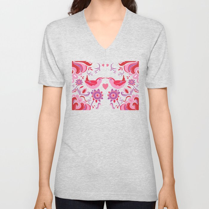Kissing Birds with Hearts, Valentine's Day Pink and Red V Neck T Shirt
