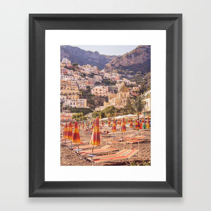 Positano from the beach | The buildings and the umbrellas | Amalfi | Italy | Travel photography Framed Art Print