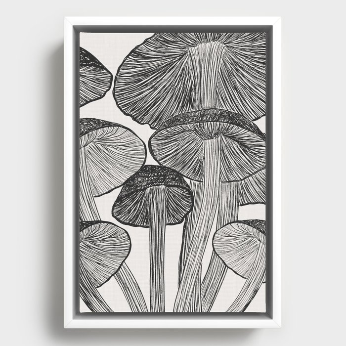 Black White Magic Mushroom Garden Drawing Framed Canvas by ANUTU