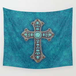 Turquoise Rustic Cross Wall Tapestry
