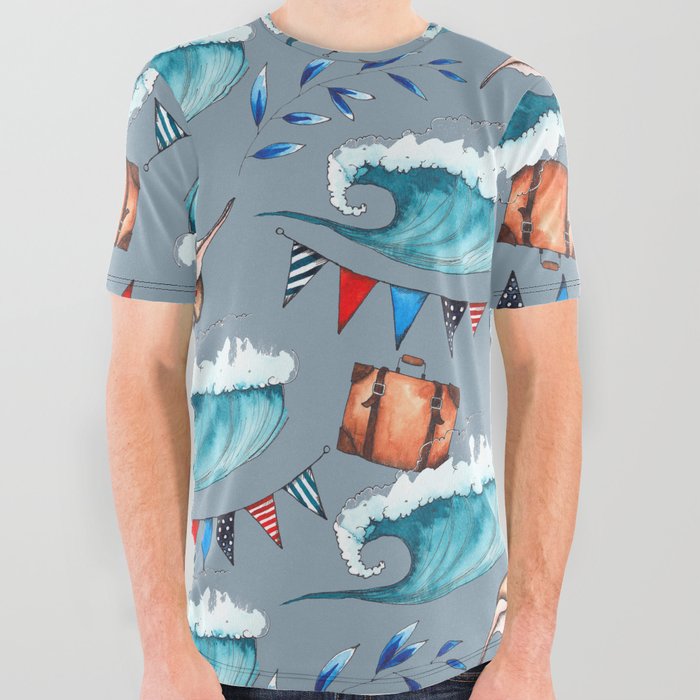 Waves Flags Shells Nautical Pattern All Over Graphic Tee