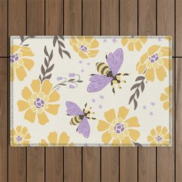 Honey Bees and Flowers - Yellow and Lavender Purple Outdoor Rug