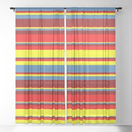 [ Thumbnail: Red, Yellow, Blue & Dark Red Colored Stripes/Lines Pattern Sheer Curtain ]