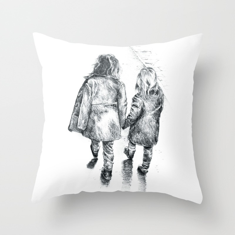 Sisterly Love Walking Hand In Hand Pencil Drawing Throw Pillow
