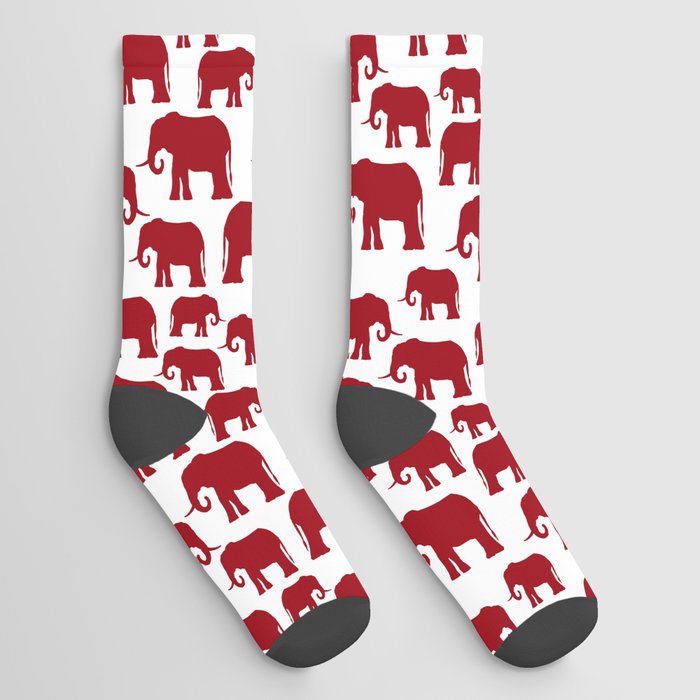 Christmas Red Elephant Silhouette Pattern on White Socks